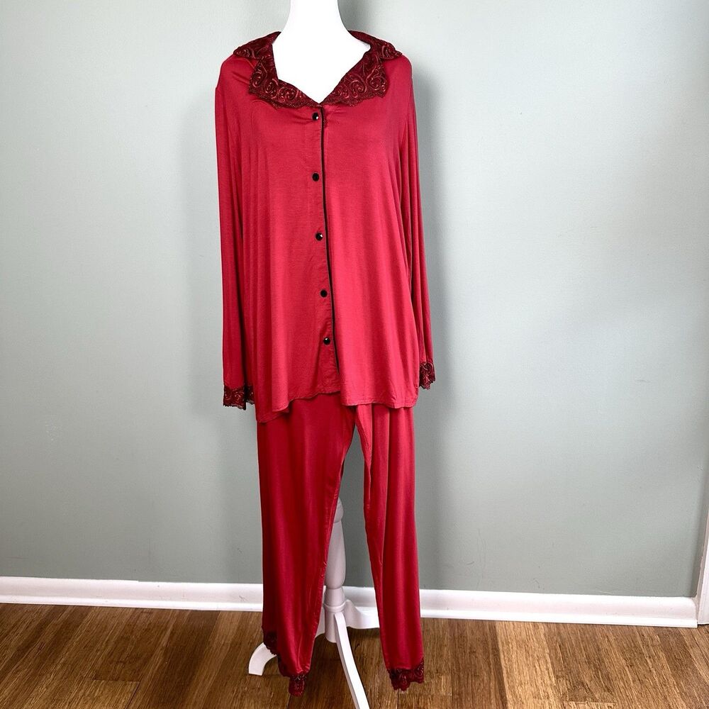 SOMA Pajamas 2 pc Set Womens Large Red Lace Trim Lounge Whimisgoth Vamp Stretch